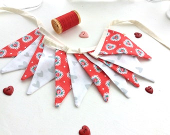 Valentines Bunting  fabric banner - 11 small flag Fabric Garland, you can add it to a card, Great for Spring, birthdays,