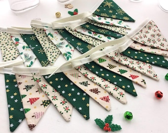 Christmas bunting - new for 2025 12 small flags, Scandi Christmas holly, snowflakes, mistletoe, stars and trees with two to choose from
