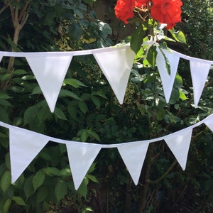 May include: A white bunting with triangular flags strung together. The bunting is hanging in front of a green bush with red flowers.
