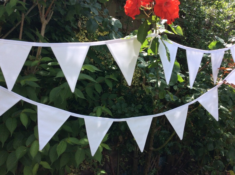 May include: A white bunting with triangular flags strung together. The bunting is hanging in front of a green bush with red flowers.