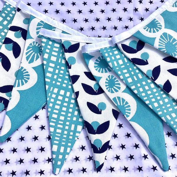 Teal Scandi bunting, Lotta Jansdotter fabric, 9 large flags 1.6m plus ties