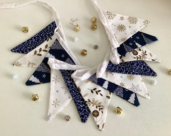 Christmas Bunting - navy white and gold, 12 small flag Fabric Christmas Garland Banner, festive garland,