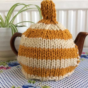 Small knitted Tea Cosy - Aran weight designed to fits a small 0.5 pint pot, 1-2 cup pot tea cozy, now in toffee and yellow striped tea cosy