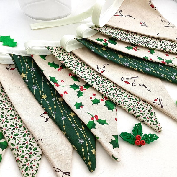 Scandi Christmas Bunting holly design in greens, new for 2023 12 flag Christmas Garland Banner 2.4m or 8ft long, new green fabric