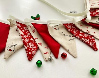 Scandi Christmas Bunting -  12 small flags, Scandi stars, hearts, trees, and robins Fabric garland, hygge decoration