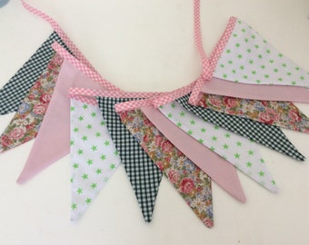 Pink and green Bunting / Flag / Garland - 12 floral fabric flag banner, in a mix of fabrics