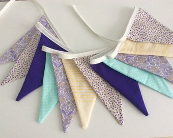 Purple, aqua, yellow bunting,  violet and yellow banner - 12 flags, Fabric garland, bedroom bunting, party banner