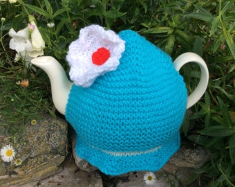 Knitted Daisy Tea Cosy/Cosy in Turquoise Blue