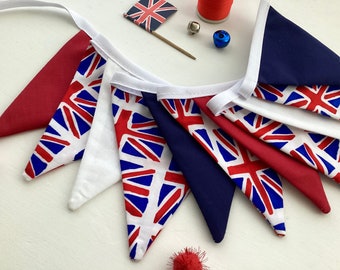 Coronation Union Jack bunting with red white and blue small flag banner, 11 small flag bunting, King Charles III coronation, see description