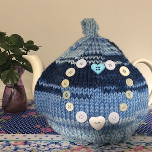 Blue ombré button Heart Knitted Tea Cosy - Fits a 6 cup pot, Mother&#39;s Day, Birthday, Tea Lovers