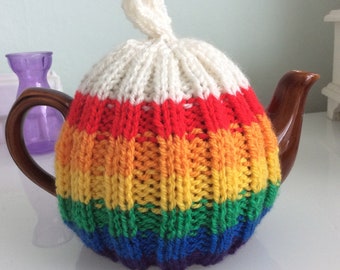 Small knitted Tea Cosy - rainbow pride tea cozy designed to fits a small 0.5 pint pot, 1-2 cup pot tea cozy