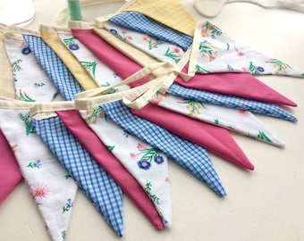 Spring floral pink and blue bunting, 12 flag spring banner, Great for Spring, birthdays, bedrooms, two designs to choose from