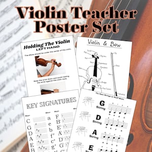 May include: A set of violin teacher posters with the title "Violin Teacher Poster Set". The posters include diagrams of the violin and bow, key signatures, and finger placement for open strings. The background features a violin.