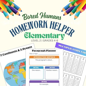 May include: A colorful educational poster titled "Homework Helper Elementary" for grades 4-6. The poster includes a paragraph planner, multiplication tables, and a map of the continents and oceans. Pencils are in the top corners.
