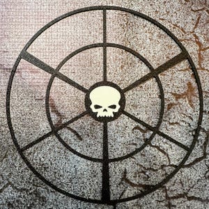 Könnte beinhalten: Ein schwarz-weißes Ziel mit einem weißen Totenkopf in der Mitte. Das Ziel hat ein kreisförmiges Design mit acht Speichen, die vom Zentrum ausstrahlen.