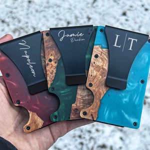 Carteras personalizadas para hombre, ideas de regalos para él, carteras de madera de resina, clip de billetera personalizado, clip de dinero grabado, carteras para hombres, regalo de madera de resina