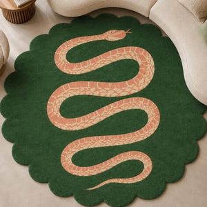 Handtufted Wool Snake Rug, Emerald Green & Peach Serpent Design, Scalloped Edge Area Rug
