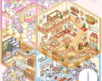 Isometric Sticker Scene: Kawaii Japanese Korean Miniature Stickers