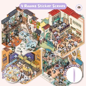 Fall Edition Miniature 4 Themes Sticker Pack, 3D Sticker Scene, DIY Miniature Sticker, Holiday Gift, Healing, Cute Panda Chinese Stickers