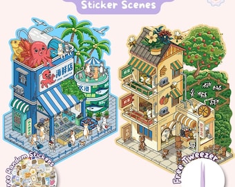 Isometric Beach Party Sticker Scene: Kawaii Korean Style PET Stickers