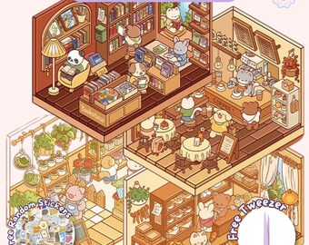 Winter Sticker Scene: Bakery, Glass House, Cat Cafe, Library