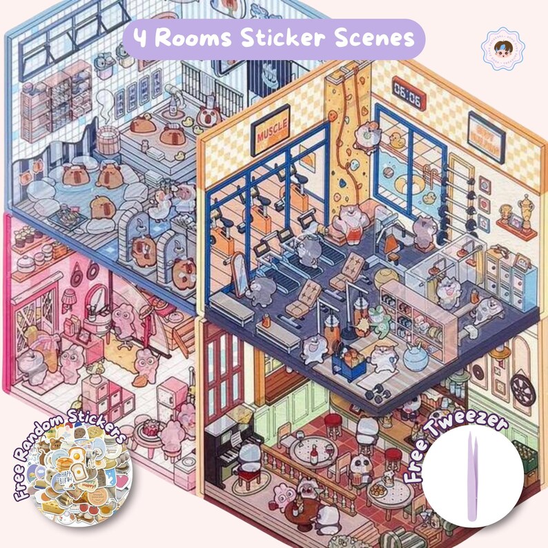 Stickers, Deco Stickers, sticker sheet, cute stationery, sticker pack, isometric stickers, sticker set, isometric room, kawaii aesthetic, relaxing, character, sticker scene, busy book