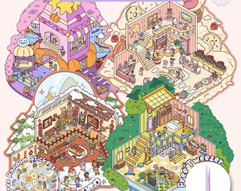 Isometric Sticker Scene Pack: Kawaii Miniature Stickers, Planner Decals