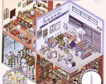 Isometric Sticker Scene, Supermarket, Coffee Shop, Bookstore, Restaurant