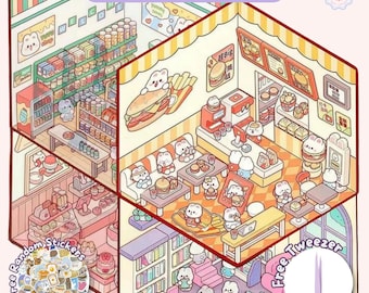 Kawaii Sticker Scene Pack: Rabbit Dessert Shop, Bookstore, Market