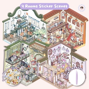 Isometrische Aufkleber Szene Pack, Deko Aufkleber, Miniatur Aufkleber Set, Beschäftigtes Buch, Süßer Kawaii Japanischer koreanischer Aufkleber Bogen, Slow Living