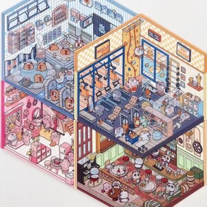 Stickers, Deco Stickers, sticker sheet, cute stationery, sticker pack, isometric stickers, sticker set, isometric room, kawaii aesthetic, relaxing, character, sticker scene, busy book
