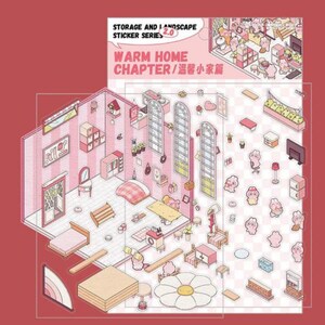 Stickers, Deco Stickers, sticker sheet, cute stationery, sticker pack, isometric stickers, sticker set, isometric room, kawaii aesthetic, relaxing, character, sticker scene, busy book