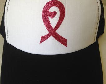 Black pink and white breast cancer awareness trucker hat