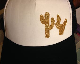 Black, white, and gold cactus women's trucker hat