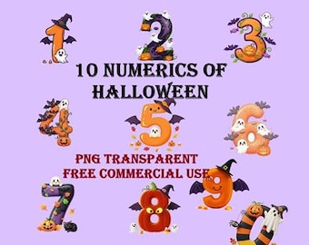 May include: A collection of ten Halloween-themed numerals, each adorned with festive elements like bats, pumpkins, witch hats, and ghosts. The numbers are set against a light purple background, with text that reads "10 Numerics of Halloween".