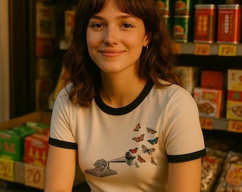 Ringer Tee Vintage Illustration Butterfly Print