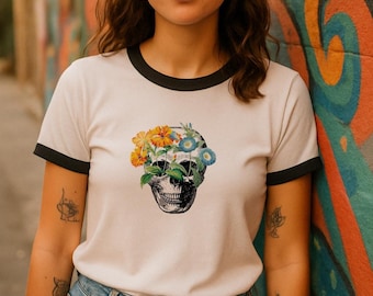 Koszulka z motywem czaszki w stylu retro z kwiatowym wzorem: unisex, bawełniana, indie, halloweenowa