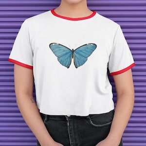 Blue Butterfly Y2K Cropped Ringer Tee: Cotton Blend Fitted Shirt