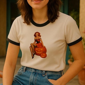Retro Halloween Pinup Shirt, Pumpkin Witch Ringer Tee, Vintage Inspired Indie Aesthetic Fall Top