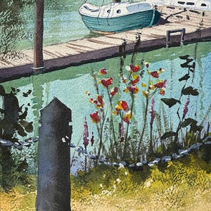 Vancouver, Richmond, Ladner, BC, harbour, boats, flowers, original watercolour painting