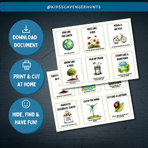 Peut inclure: Un ensemble de 10 cartes imprimables avec des illustrations et des instructions pour une chasse au tr&eacute;sor sur le th&egrave;me de la nature. Les cartes pr&eacute;sentent des activit&eacute;s comme "Tourner comme la Terre", "Bourdonner comme une abeille", "P&eacute;daler sur un v&eacute;lo", "Pousser comme un arbre", "Ramasser les d&eacute;chets", "Marcher comme une temp&ecirc;te", "Se balancer comme un arbre", "Marcher pour c&eacute;l&eacute;brer la Terre", "Attraper le vent" et "Voler comme une coccinelle".