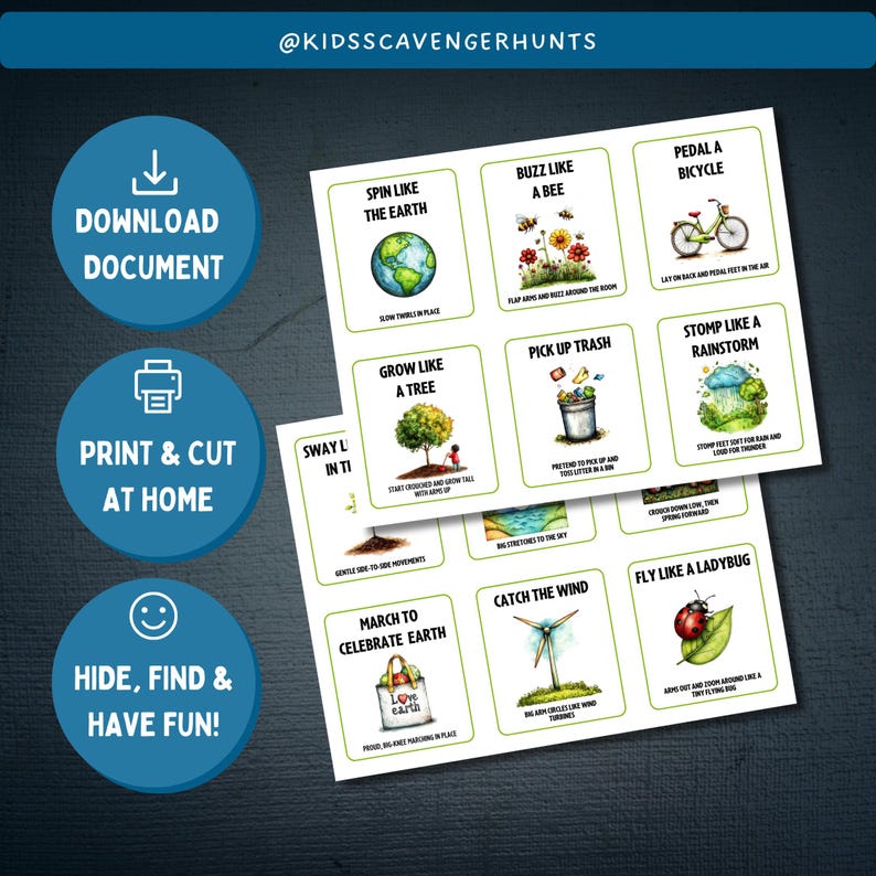 Peut inclure: Un ensemble de 10 cartes imprimables avec des illustrations et des instructions pour une chasse au tr&eacute;sor sur le th&egrave;me de la nature. Les cartes pr&eacute;sentent des activit&eacute;s comme "Tourner comme la Terre", "Bourdonner comme une abeille", "P&eacute;daler sur un v&eacute;lo", "Pousser comme un arbre", "Ramasser les d&eacute;chets", "Marcher comme une temp&ecirc;te", "Se balancer comme un arbre", "Marcher pour c&eacute;l&eacute;brer la Terre", "Attraper le vent" et "Voler comme une coccinelle".
