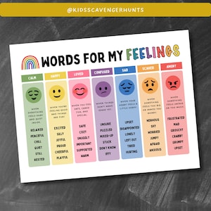 May include: A colorful chart with the words "Words for My Feelings" at the top. The chart is divided into seven columns, each representing a different emotion: calm, happy, loved, confused, sad, scared, and angry. Each column has a cartoon face representing the emotion and a list of words describing that feeling.