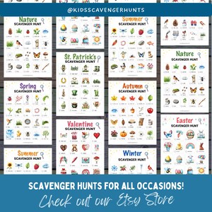 Peut inclure: Un ensemble de cartes de chasse au tr&eacute;sor imprimables pour diff&eacute;rentes saisons et f&ecirc;tes. Les cartes pr&eacute;sentent des illustrations color&eacute;es de divers objets, tels qu'une coccinelle, un papillon, un tournesol, une citrouille, un bonhomme de neige et un &oelig;uf de P&acirc;ques. Le texte sur les cartes indique "Nature Scavenger Hunt", "Spring Scavenger Hunt", "Summer Scavenger Hunt", "Autumn Scavenger Hunt", "Winter Scavenger Hunt", "St. Patrick's Scavenger Hunt", "Valentine Scavenger Hunt", et "Easter Scavenger Hunt".