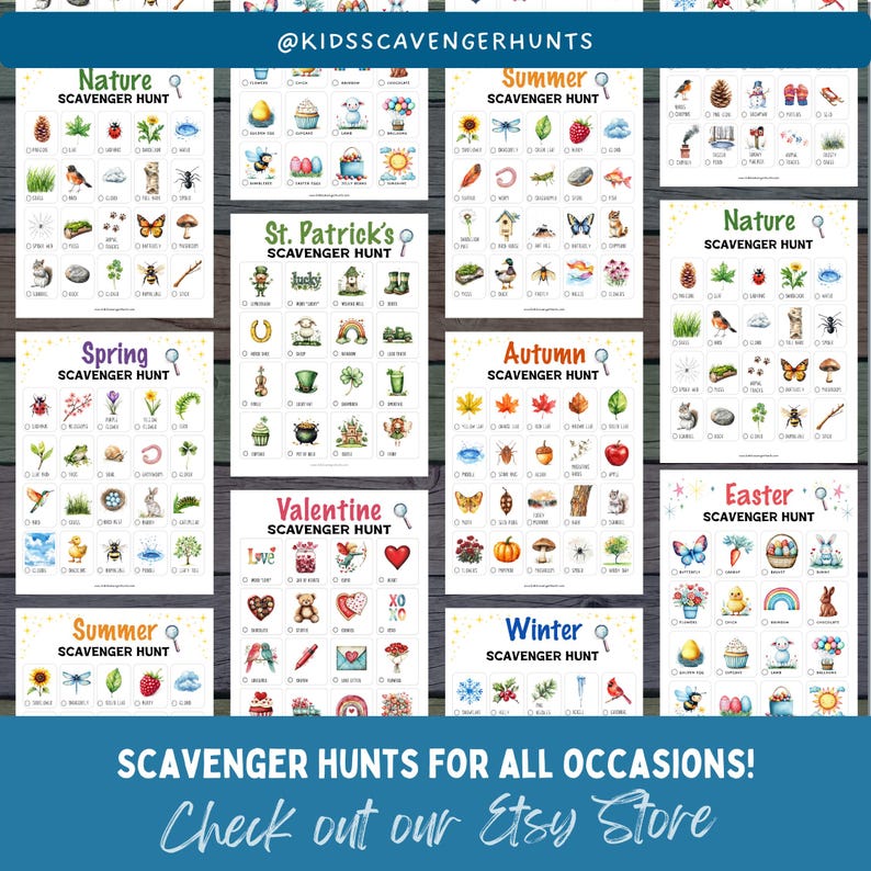 Peut inclure: Un ensemble de cartes de chasse au tr&eacute;sor imprimables pour diff&eacute;rentes saisons et f&ecirc;tes. Les cartes pr&eacute;sentent des illustrations color&eacute;es de divers objets, tels qu'une coccinelle, un papillon, un tournesol, une citrouille, un bonhomme de neige et un &oelig;uf de P&acirc;ques. Le texte sur les cartes indique "Nature Scavenger Hunt", "Spring Scavenger Hunt", "Summer Scavenger Hunt", "Autumn Scavenger Hunt", "Winter Scavenger Hunt", "St. Patrick's Scavenger Hunt", "Valentine Scavenger Hunt", et "Easter Scavenger Hunt".