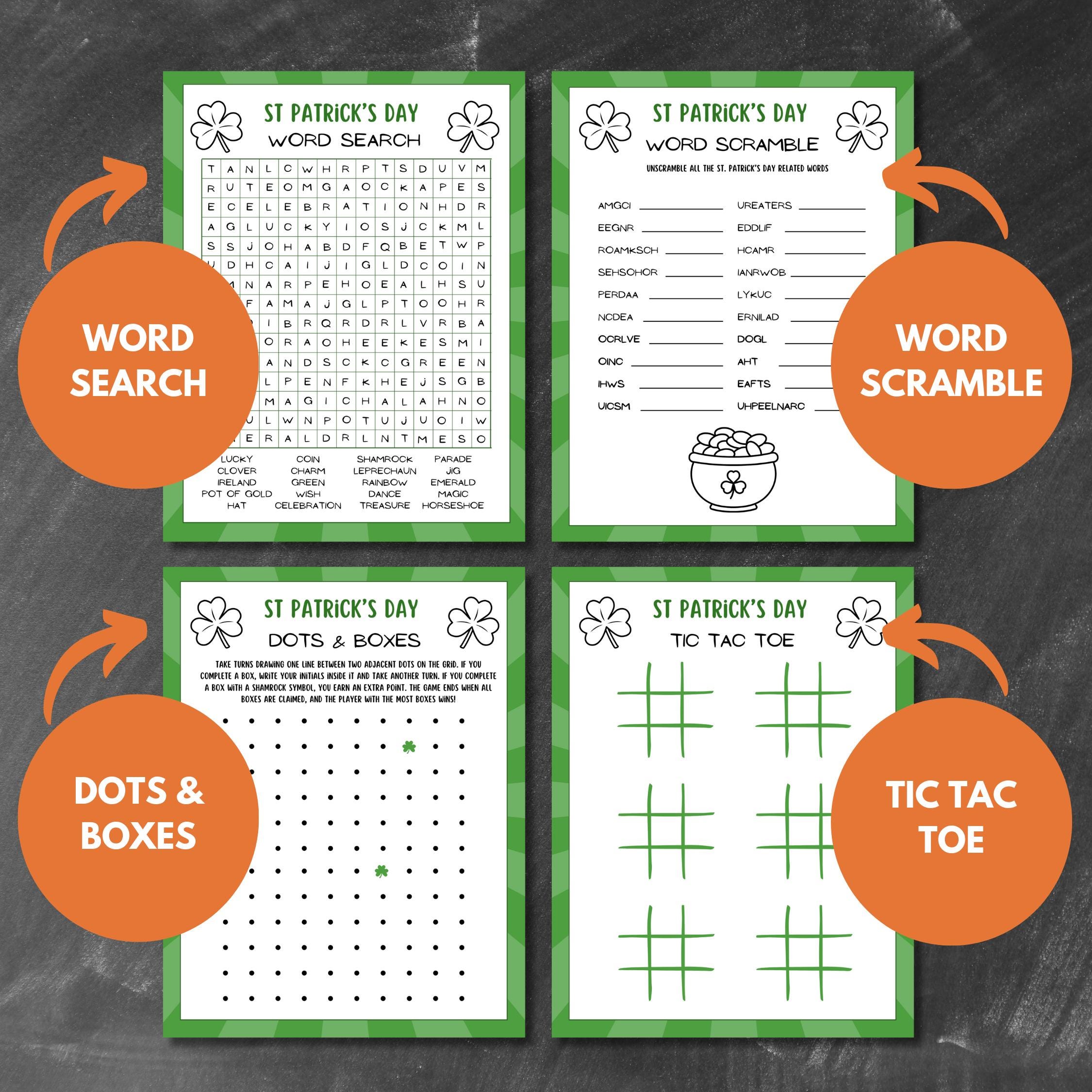 印刷可能な聖パトリックデー アクティビティ バンドル | 子供向けの楽しいゲーム 10 選 | ワードサーチ、アイ スパイ、迷路、パズルなど |  教室やパーティー用 PDF