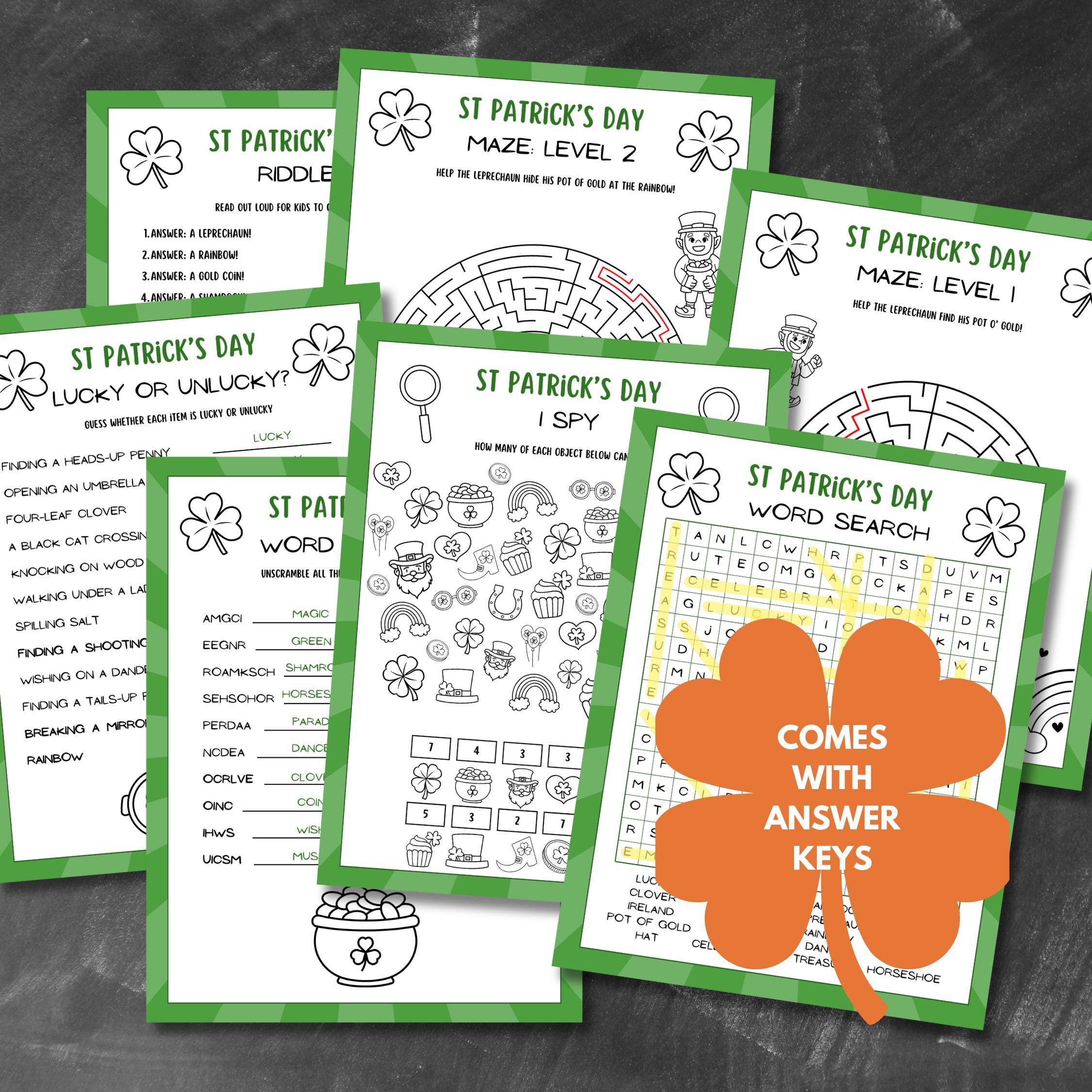 印刷可能な聖パトリックデー アクティビティ バンドル | 子供向けの楽しいゲーム 10 選 | ワードサーチ、アイ スパイ、迷路、パズルなど |  教室やパーティー用 PDF