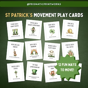 May include: A set of twelve St. Patrick's Movement Play Cards featuring illustrations and instructions for physical activities. Each white card displays a themed graphic, such as a leprechaun, rainbow, or shamrock, with text like St. Patrick's Movement Play Cards.