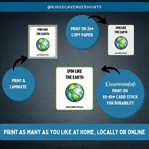 Peut inclure: Une activit&eacute; imprimable pour enfants avec un globe terrestre qui tourne et le texte "Spin Like The Earth" ainsi que des instructions pour imprimer sur du papier 20# ou du carton 65-80# pour plus de durabilit&eacute;. L'image comprend &eacute;galement des instructions pour imprimer et plastifier l'activit&eacute;.
