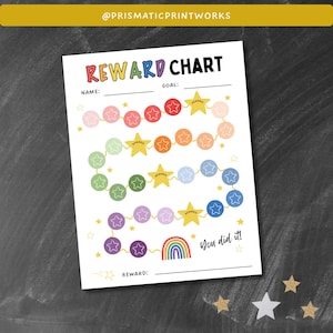 Puede incluir: Un gráfico de recompensas colorido con el texto "REWARD CHART" en la parte superior. El gráfico presenta un camino de estrellas y círculos de varios colores, con espacios para el nombre, el objetivo y la recompensa. Un arcoíris y las palabras "You did it!" están en la parte inferior.